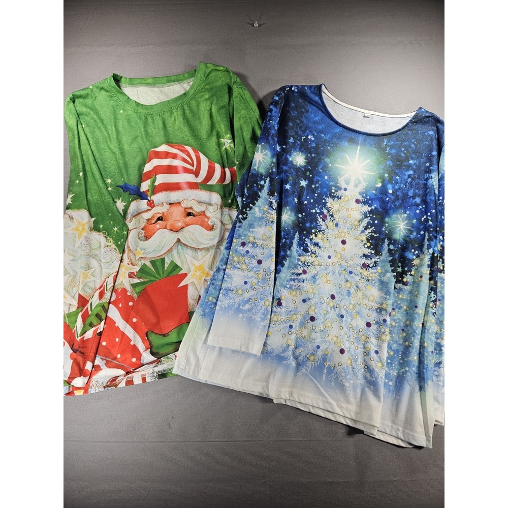 2XL Plus Size Womens Christmas Tunic Shirts Lot 2 Santa Claus Tree Holiday Top